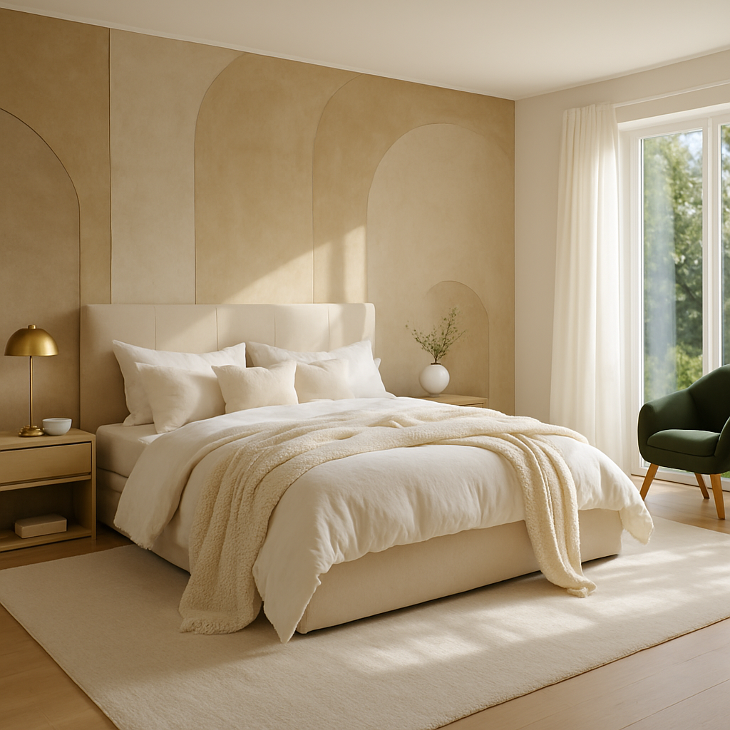 Luxuriöses Schlafzimmer mit Akzentwand in Beige und geschwungenen Mustern