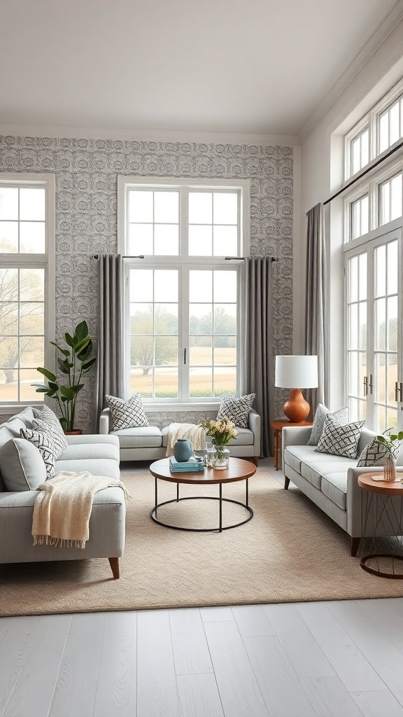 Modernes Wohnzimmer mit Akzentwand und kreativen Mustern im Bauernhausstil