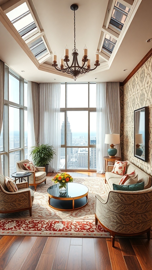 Ein modernes Wohnzimmer mit einer Akzentwand aus Tapete, eleganten Möbeln und großen Fenstern.