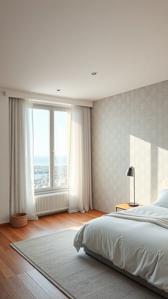 Modernes Schlafzimmer mit texturierten Akzentwänden und natürlichem Licht