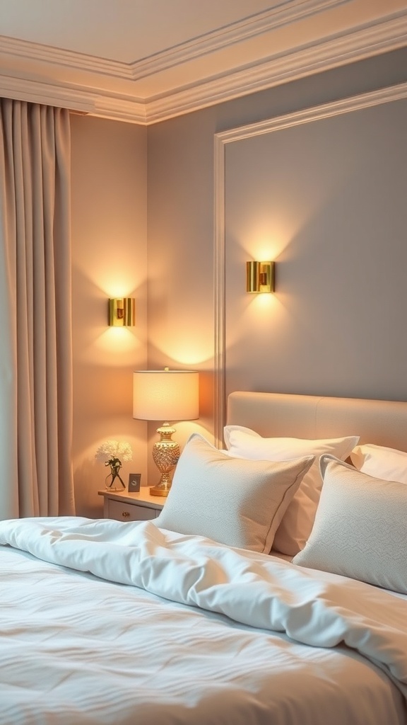 A cozy bedroom with soft lighting from wall sconces and a bedside lamp.