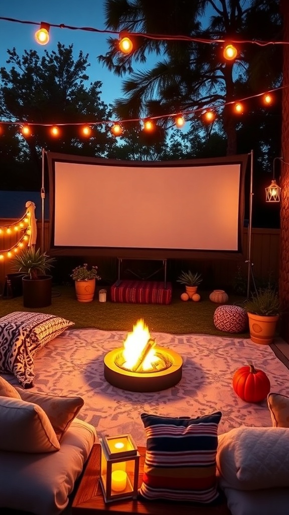 Cozy outdoor cinema setup with string lights, a fire pit, and comfortable seating.