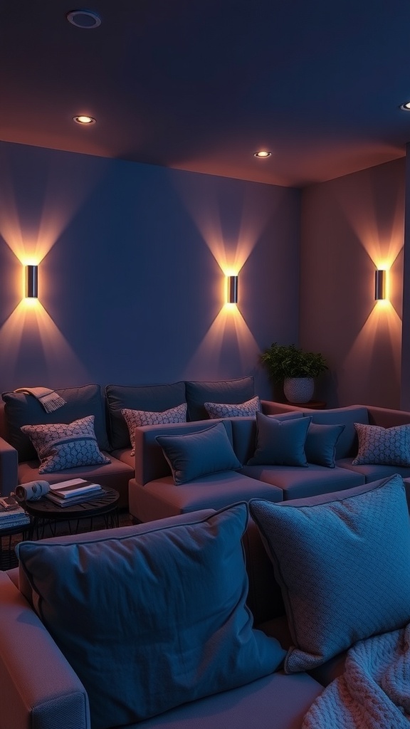 Cozy home theater lounge with ambient lighting and plush seating