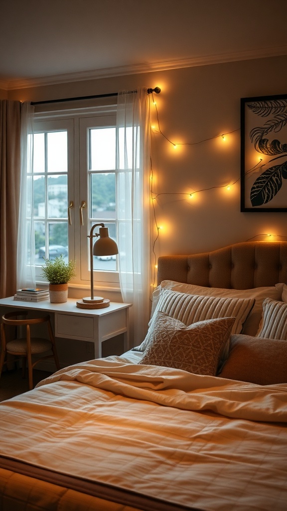 Cozy bedroom with ambient lighting, featuring string lights and a stylish lamp.