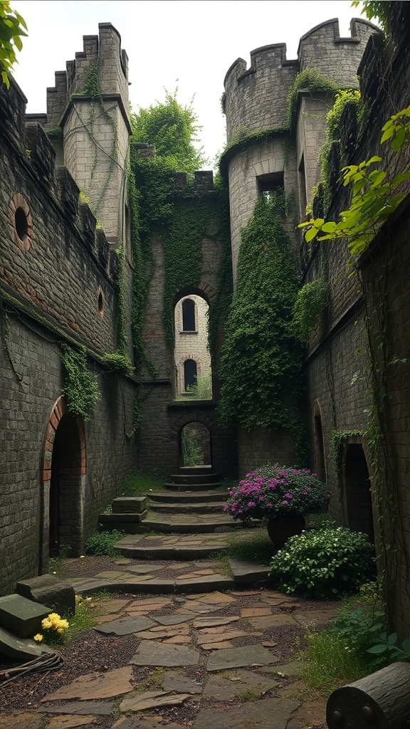 Ancient ruins fortress with stone walls and greenery