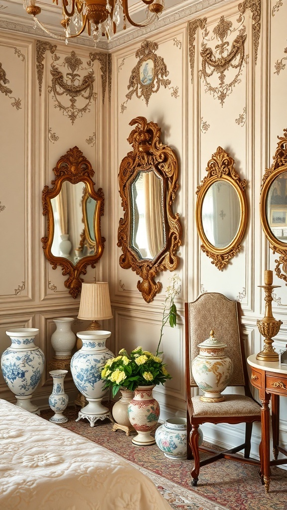 Luxuriöses Rococo Schlafzimmer mit antiken Accessoires und goldenen Verzierungen