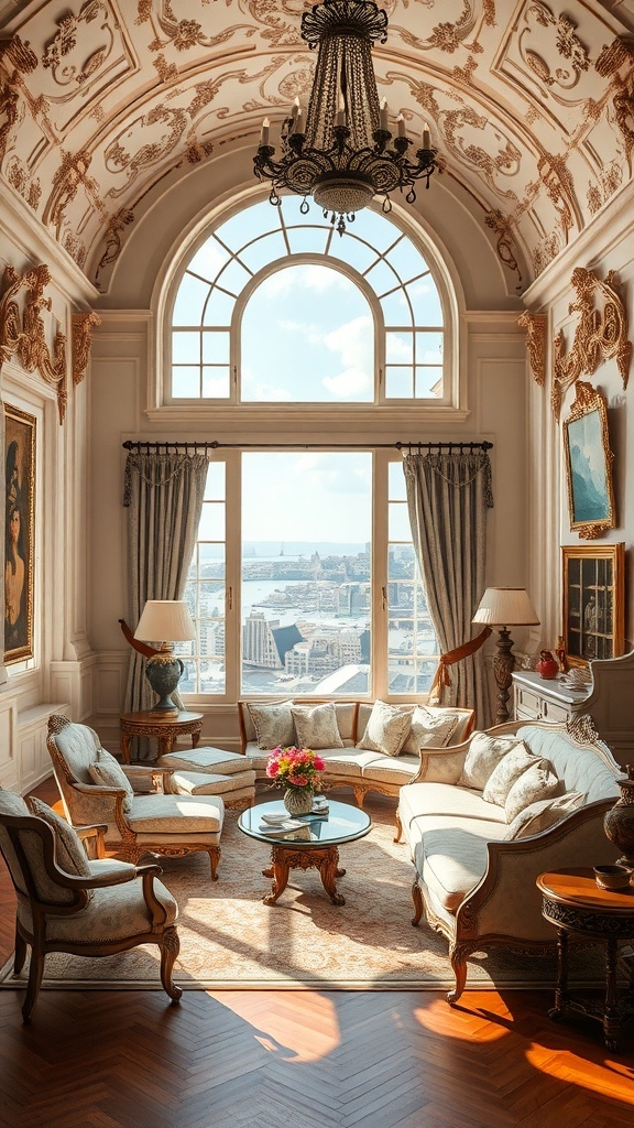 Luxuriöses Rokoko-Wohnzimmer mit hohen Decken, kunstvollen Verzierungen, eleganten Möbeln und großen Fenstern