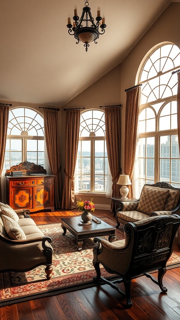 Ein luxuriöses Wohnzimmer mit antiken Möbelstücken, großen Fenstern und einem eleganten Kronleuchter.