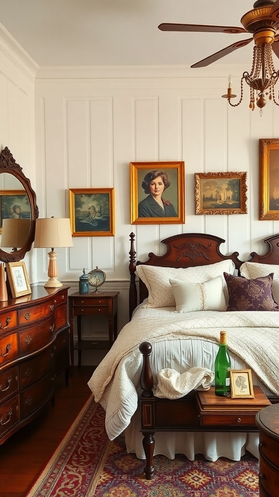 A Southern style bedroom featuring antique accessories and artwork, with a wooden bed, framed portraits on the wall, and a vintage lamp.