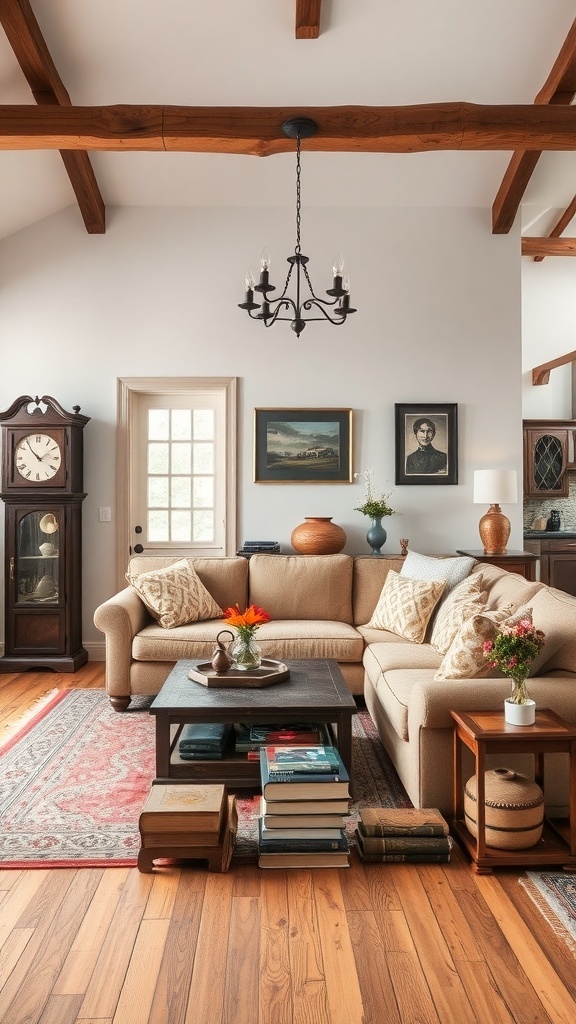 A cozy rustic farmhouse living room featuring antique accessories, including a vintage clock, artwork, and a coffee table with flowers and books.