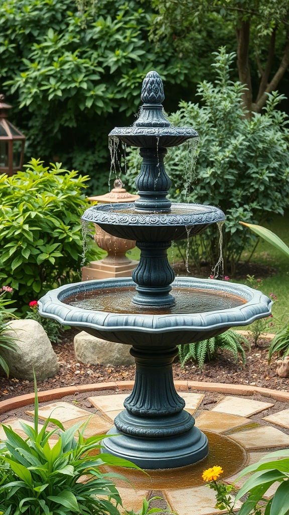 Antique cast iron fountain in a garden with lush greenery