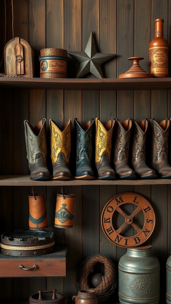 A display of antique cowboy boots on a wooden shelf with various vintage items.