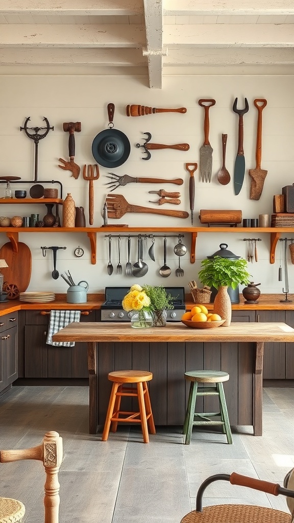 A kitchen featuring antique farm tools displayed as wall art, enhancing rustic decor.