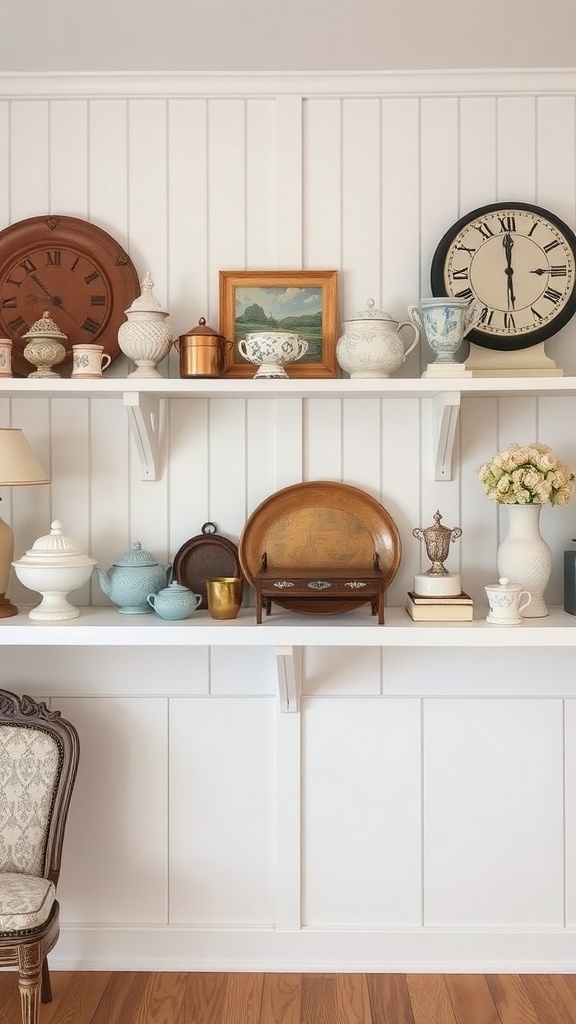 A shelf displaying various antique collectibles including teapots, a clock, and decorative plates.