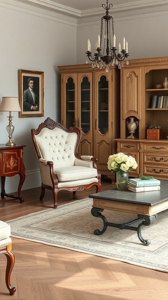 A cozy living room featuring antique furniture, including a vintage armchair, a wooden cabinet, and a coffee table.