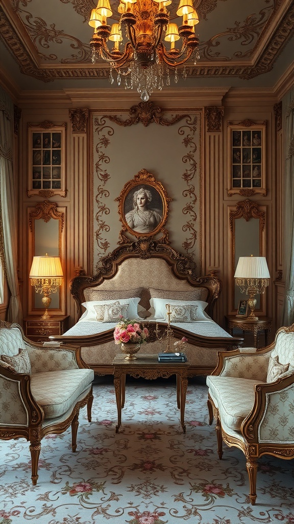 A beautifully decorated Rococo bedroom featuring antique furniture, elegant lighting, and vintage decor.