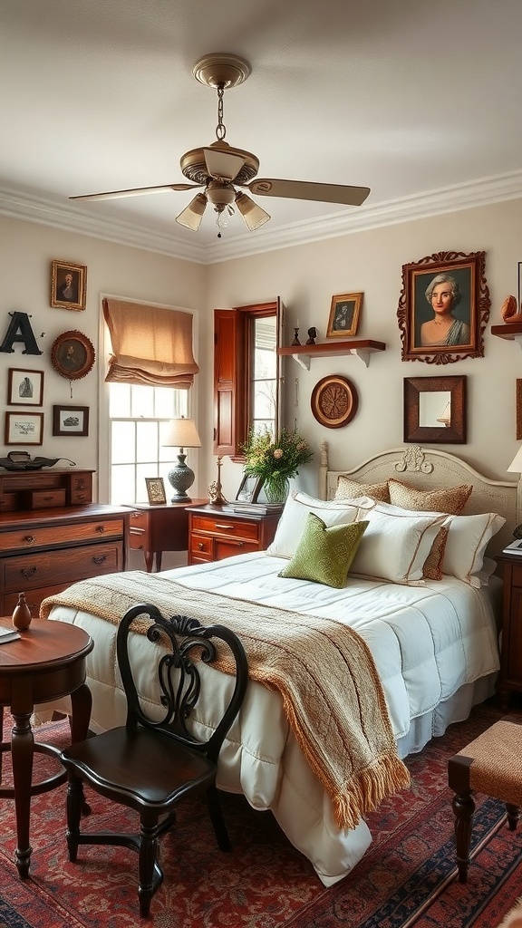 A cozy bedroom featuring antique furniture, including a wooden bed frame, dresser, and decorative wall art.
