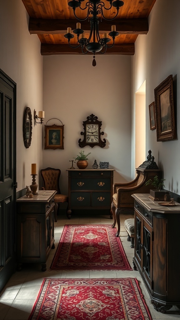 Ein Flur mit antiken Möbeln, roten Teppichen und Wandschmuck, der eine moderne Gothic-Atmosphäre ausstrahlt.