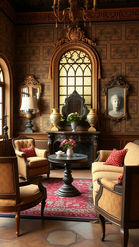A cozy room featuring antique furniture, including plush chairs, a round table, and decorative elements.