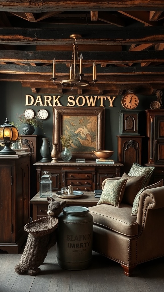 A rustic living room featuring antique furniture with a dark patina, showcasing a cozy and elegant atmosphere.