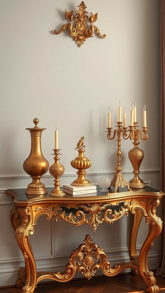 A beautifully ornate console table with antique gold accents, featuring decorative vases and candlesticks.