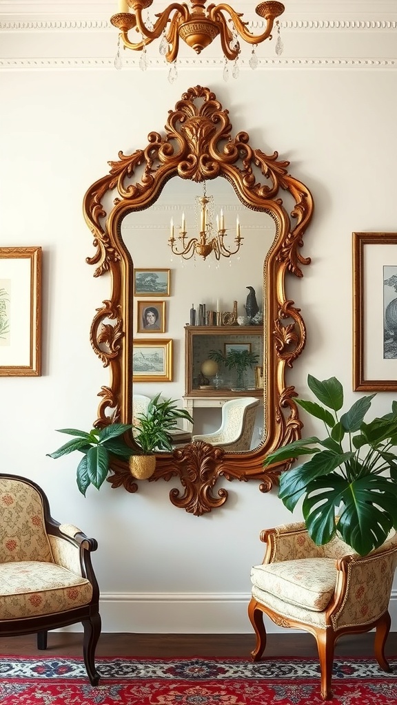 A vintage ornate mirror surrounded by plants and antique furniture.