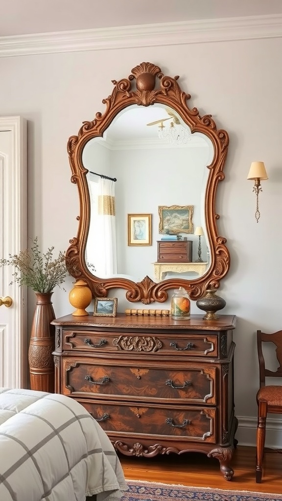 An ornate antique mirror above a vintage dresser in a cozy room