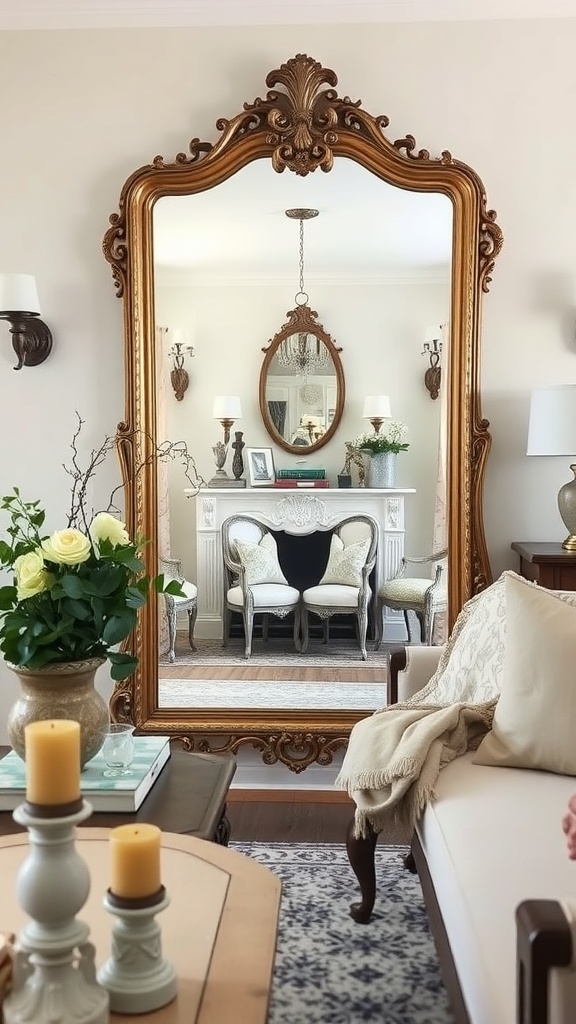 A beautifully ornate antique mirror reflecting a cozy farmhouse living room.