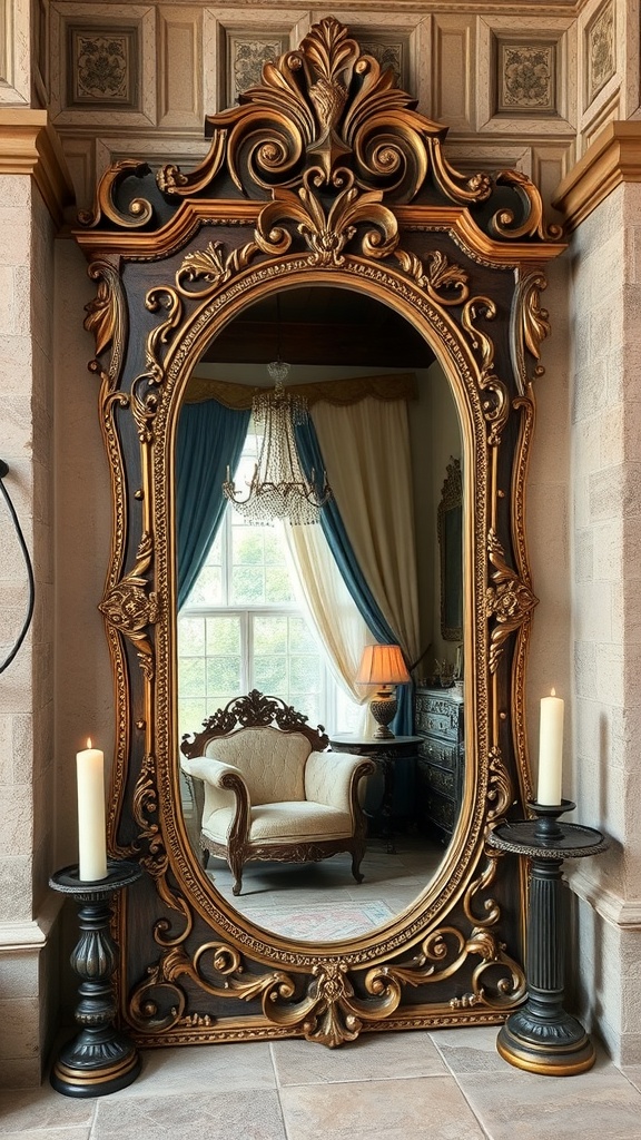 An ornate antique mirror with a detailed golden frame, reflecting a cozy interior with a vintage chair and soft lighting.