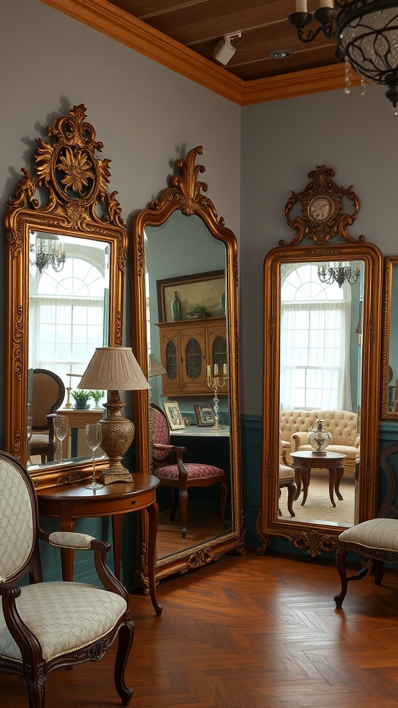 A room featuring three antique mirrors with ornate golden frames reflecting elegant furniture and decor.