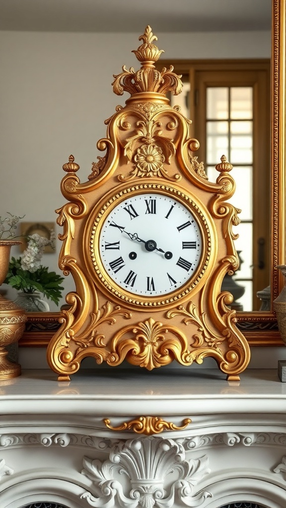 An ornate antique Rococo clock with a golden finish and Roman numerals, displayed on a mantel.