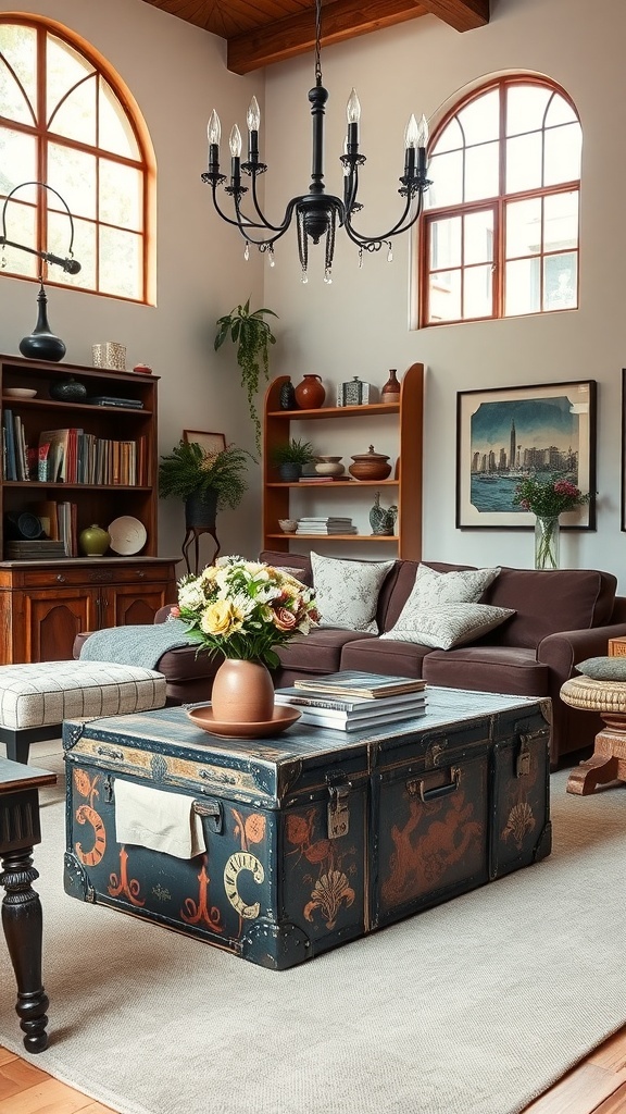 Ein Wohnzimmer mit einer antiken Truhe als Couchtisch, umgeben von modernen Möbeln und Dekoration.