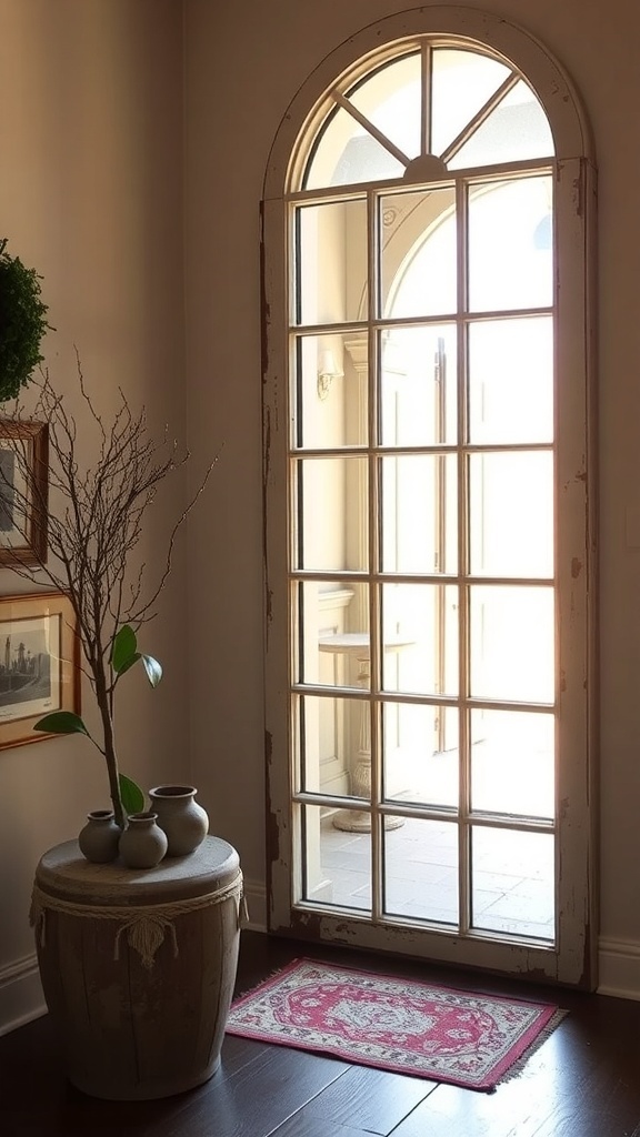 Antique window frame mirror reflecting a cozy interior