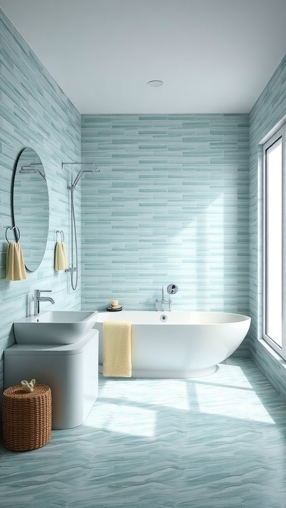 A modern aqua-toned bathroom featuring a sleek bathtub, textured tiles, and natural light.
