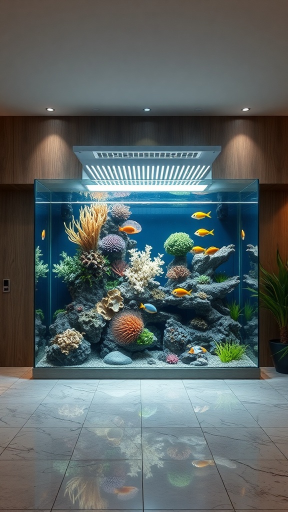 A beautifully designed aquarium with colorful corals and fish, illuminated in a modern interior setting.