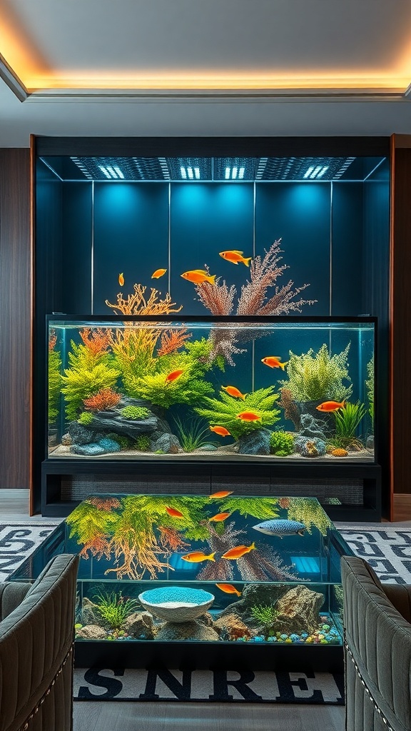 A modern aquarium coffee table featuring colorful fish and aquatic plants, illuminated with soft lighting.
