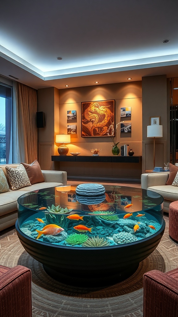 A luxurious aquarium coffee table with colorful fish and underwater plants in a modern living room setting.