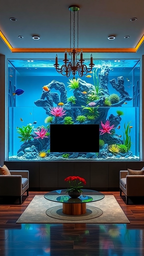 A luxurious aquarium display in a modern entryway with colorful fish and plants.