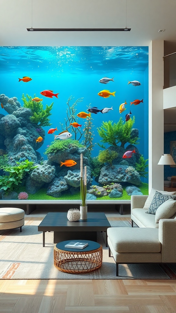 A beautiful aquarium feature wall in a modern living room with colorful fish and plants.