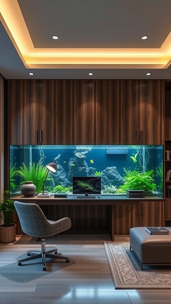 A modern home office featuring a large aquarium filled with plants and fish, with a stylish desk and comfortable chair.