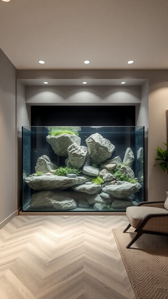 A modern aquarium featuring large natural stones and aquatic plants, illuminated by soft overhead lights.