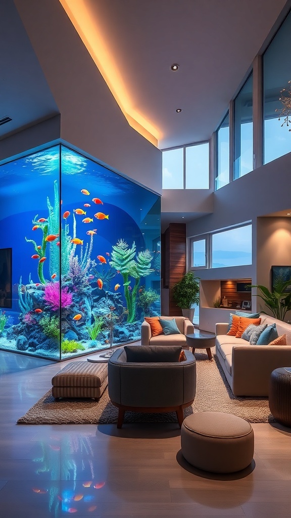 A modern living room featuring a large aquarium filled with colorful fish and corals, complemented by stylish furniture and natural light.