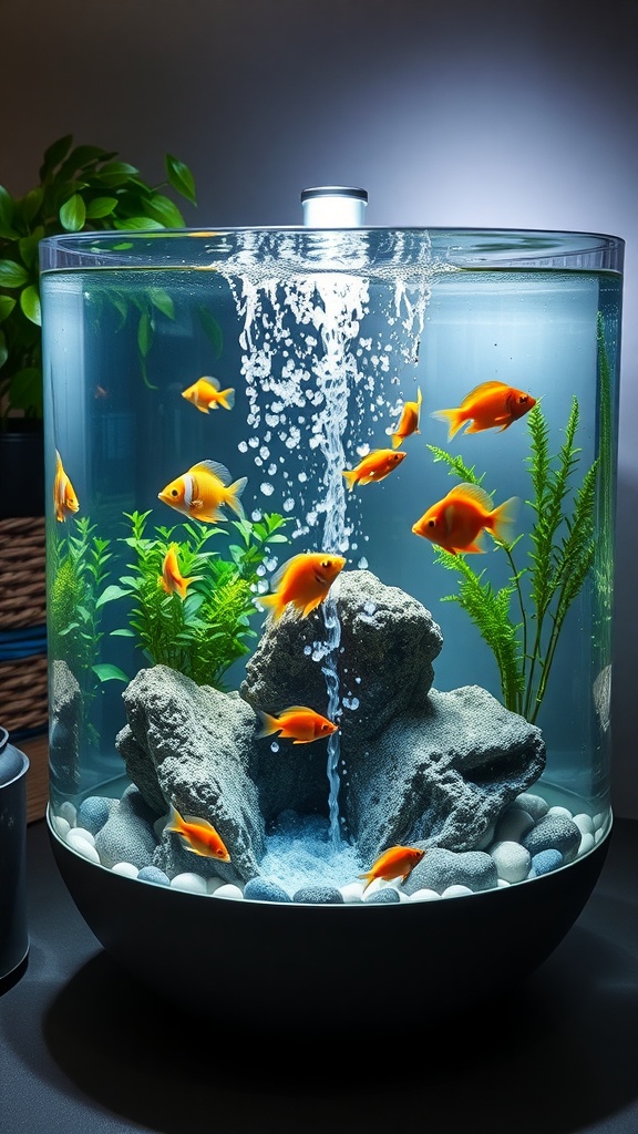 An aquarium fountain featuring orange fish, green plants, and decorative rocks with bubbling water.