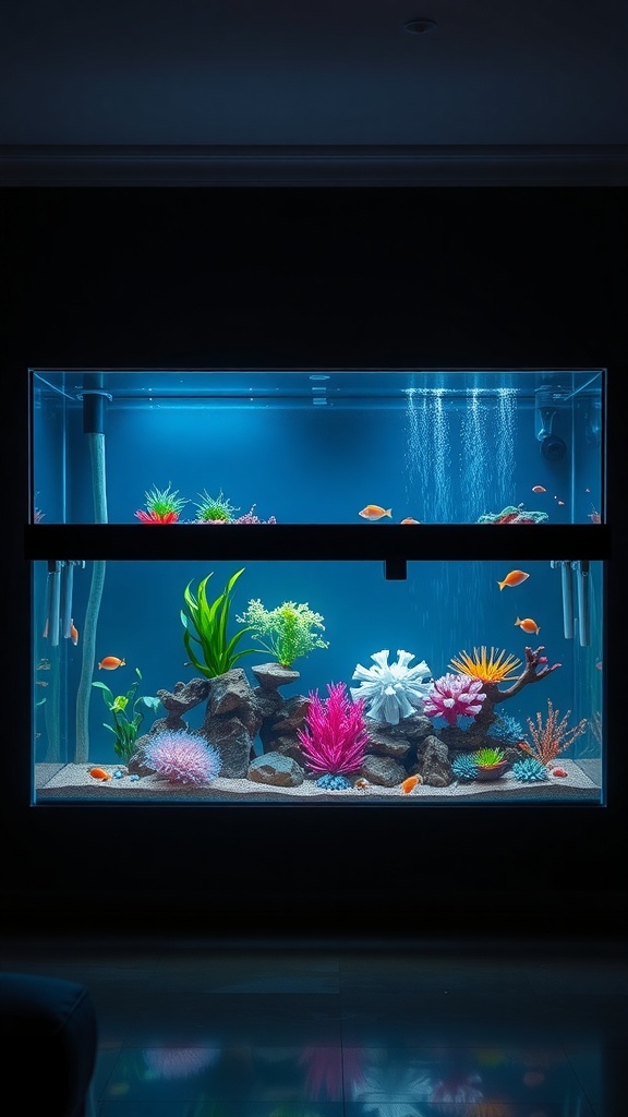 A beautifully lit aquarium featuring colorful plants and fish, showcasing dramatic blue lighting.