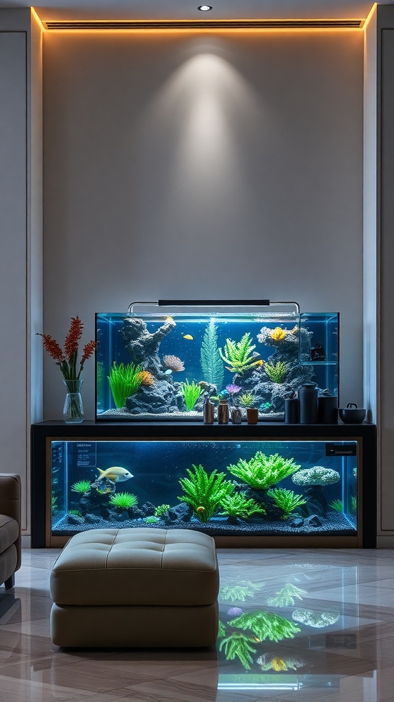 A stylish aquarium setup with a maintenance station, showcasing two tanks filled with plants and fish.