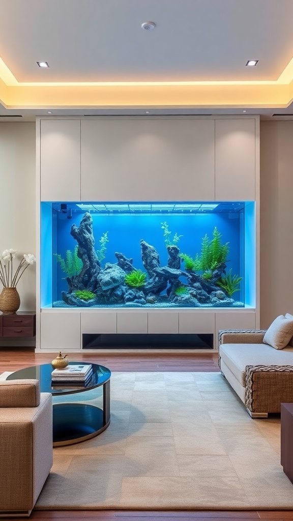 A stylish aquarium serving as a room divider in a modern living space.