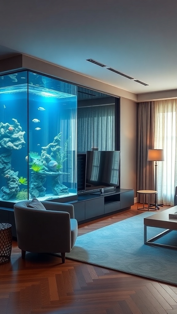 A modern living room featuring a large aquarium as a room divider, showcasing colorful fish and coral.