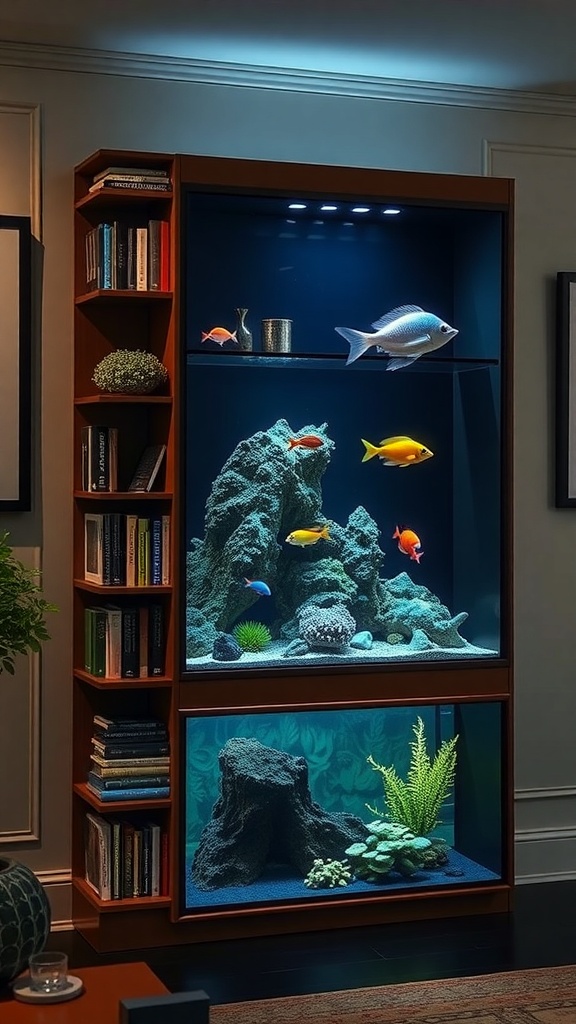 A tall aquarium integrated with bookshelves, showcasing colorful fish and aquatic plants.