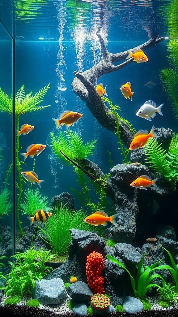 A vibrant aquarium featuring colorful fish, lush plants, and textured rocks.