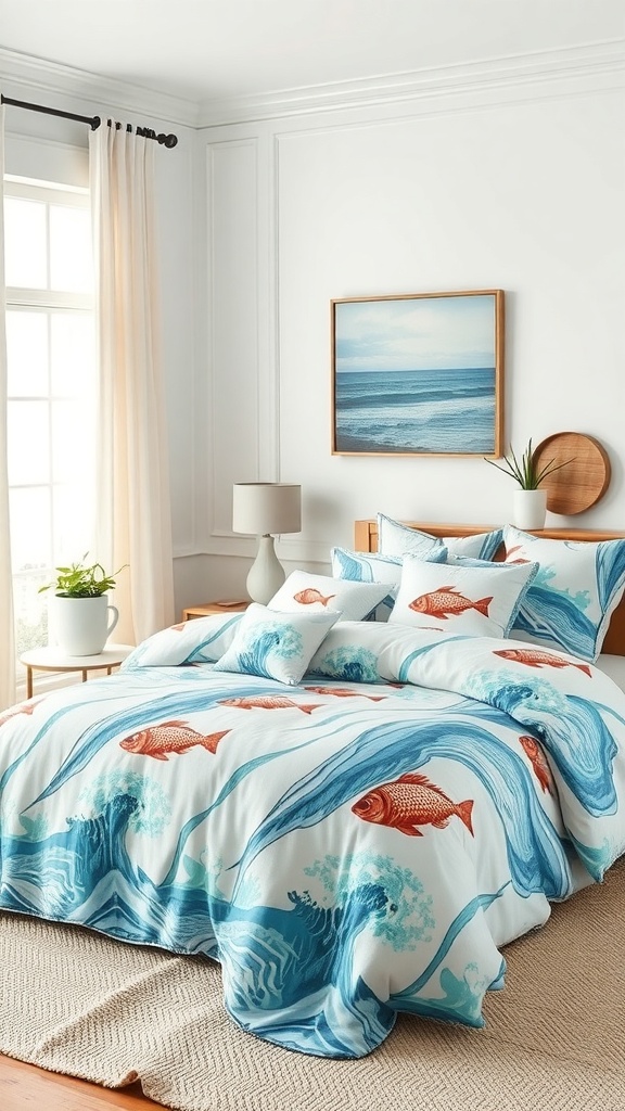 A cozy bedroom featuring water-themed bedding with fish patterns and a serene coastal painting on the wall.